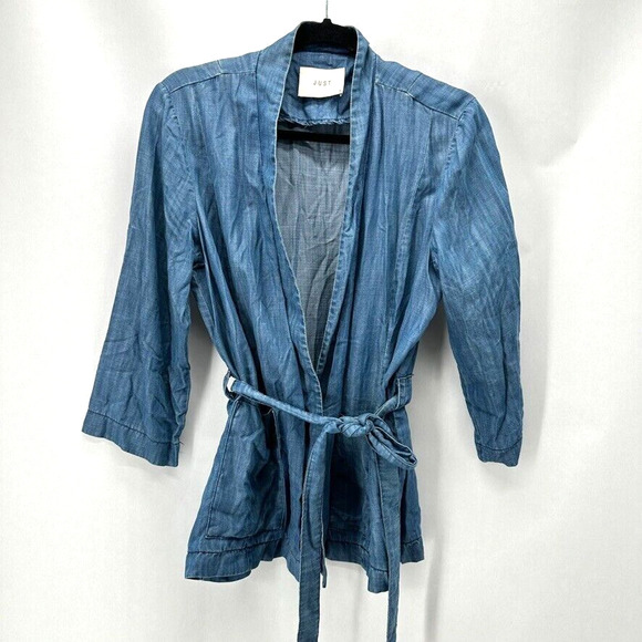 JUST Female Rigmor Kimono Blouse Size S Chambray Blue Wrap Preppy Coastal City - Picture 1 of 12